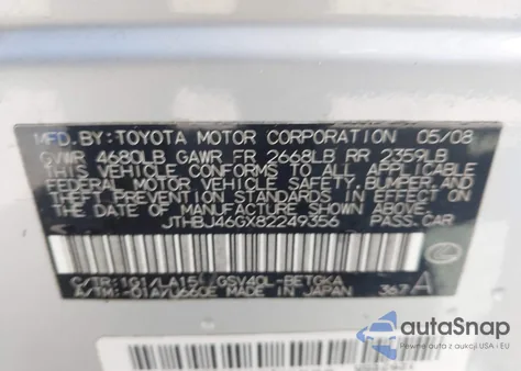 2008 Lexus Es 350 z USA, uszkodzony, nr VIN JTHBJ46GX82249356